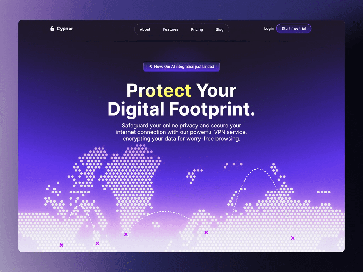 White-label VPN client dashboard with a dotted world map and Protect Your Digital Footprint headline.