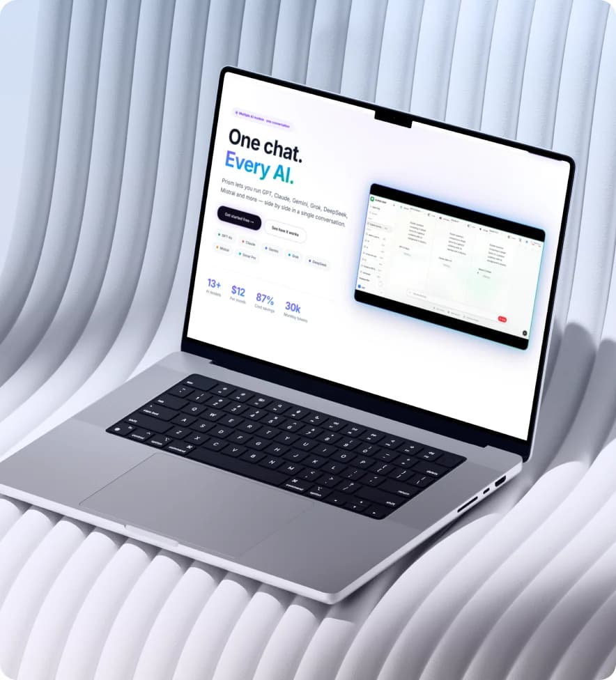 AI chat product dashboard shown on a laptop