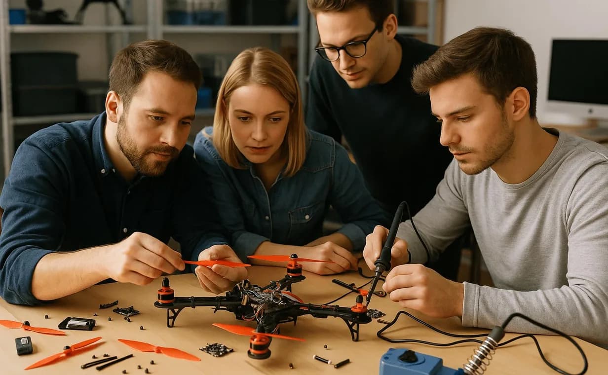 Nagorik's R&D team assembling a drone prototype together at a workbench